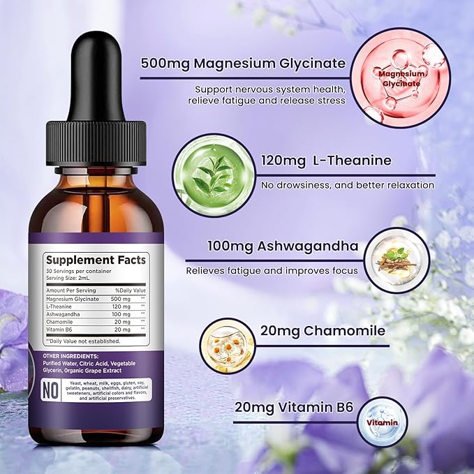 (2 Pack) Magnesium Glycinate Liquid Drops 500mg, with Vitamin B6, Ashwagandha, L - Theanine, Chamomile, Magnesium Glycinate Supplement High Absorption for Sleep, Stress, Energy Mood - Grape Flavor