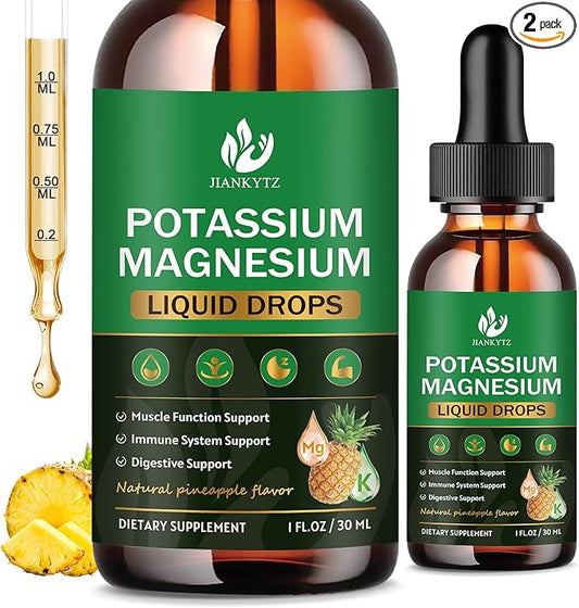 (2 Pack) Potassium Magnesium Supplement for Immune Health & Muscle Support, High Absorption, Triple Magnesium Complex with Glycinate, Taurate, Citrate and Potassium, Pineapple Flavour, 1 Fl Oz