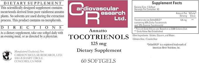 Cardiovascular Research Annatto Tocotrienols New Tamper Resistant Ship Box 125 mg Vitamin E 120 Count