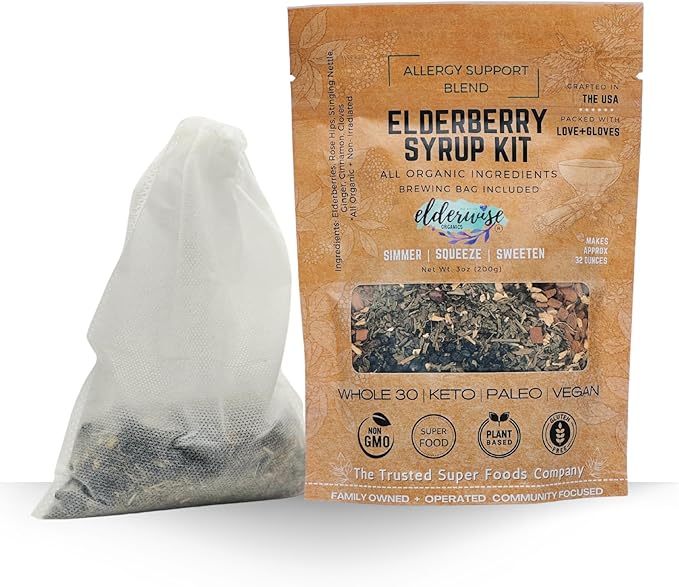 Elderberry Syrup Kit - Allergy Support - Makes Approx. 32oz - Comes with Brewing Bag - Organic Ingredients - Elderberries - Rosehips - Ginger - Nettle - Cinnamon - Cloves - Elderwise