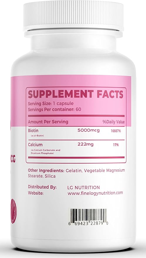 Extra Strength Biotin 5000 MCG, 60 Capsules for Hair, Skin, Nail & Bone Health, Non-GMO & Gluten-Free, High-Potency Biotin Supplement (2-Month Supply)