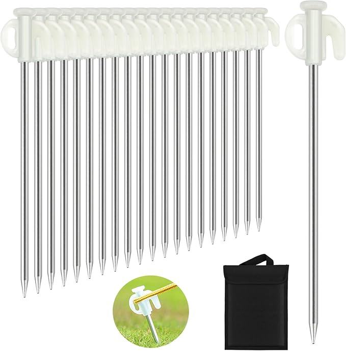 KOMCLUB 20PCS Tent Stakes Heavy Duty Tent Pegs Metal Tent Pegs Canopy Stakes Ground Stakes Spike Steaks for Outdoor Camping Tents Garden Canopies Grassland with Storage Bag