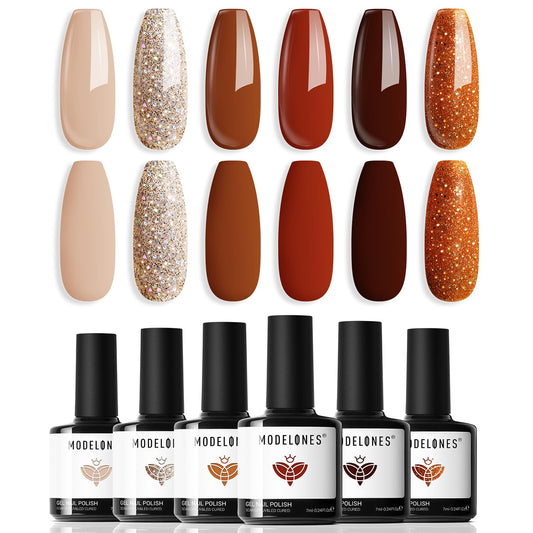 modelones Gel Nail Polish Set, 6 PCS Neutral Nude Brown Gel Polish Gold Glitter Nail Gel Polish Soak OFF LED Nail Art Gel Kit Manicure Salon DIY Nails Gift