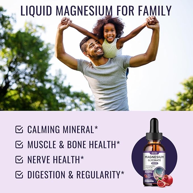 (2 Pack) Magnesium Glycinate Liquid Drops 500mg, with Vitamin B6, Ashwagandha, L - Theanine, Chamomile, Magnesium Glycinate Supplement High Absorption for Sleep, Stress, Energy - Pomegranate Flavor