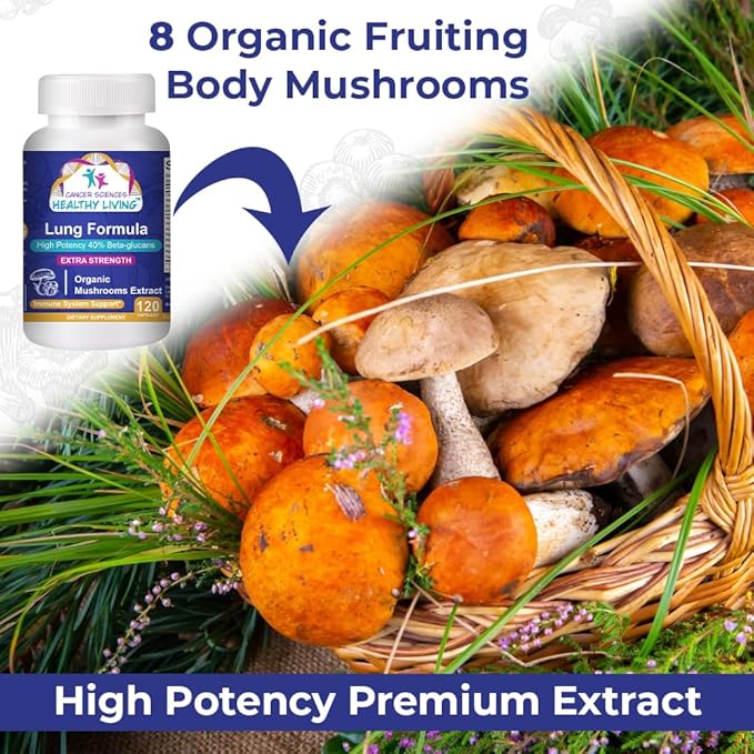 CANCER SCIENCES Lung Health & Wellness Supplement, USDA Certified Organic Mushrooms Extract, 1,500 mg Extra Strength, High Potency 40% Beta-Glucans, Immune Support, Healthy Lungs Booster, 120 Capsules