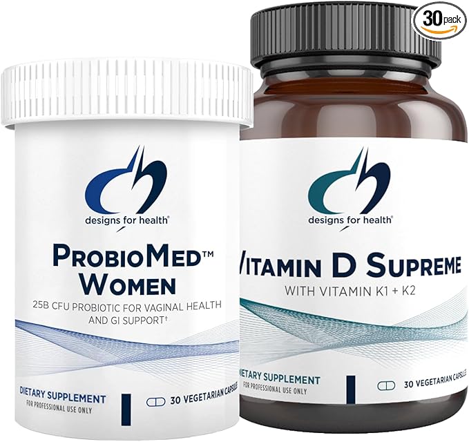 Designs for Health Vitamin D & Women's Probiotic Bundle - ProbioMed Women (30 Capsules) Gut Health & Vaginal Probiotic with Vitamin D Supreme (30 Capsules) with Vitamin K2 for Immune & Bone Health