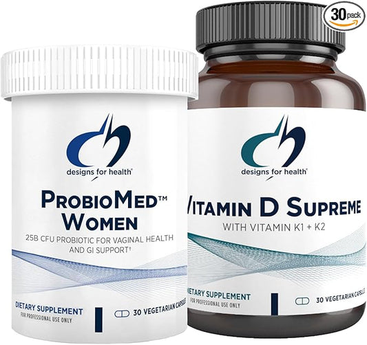 Designs for Health Vitamin D & Women's Probiotic Bundle - ProbioMed Women (30 Capsules) Gut Health & Vaginal Probiotic with Vitamin D Supreme (30 Capsules) with Vitamin K2 for Immune & Bone Health