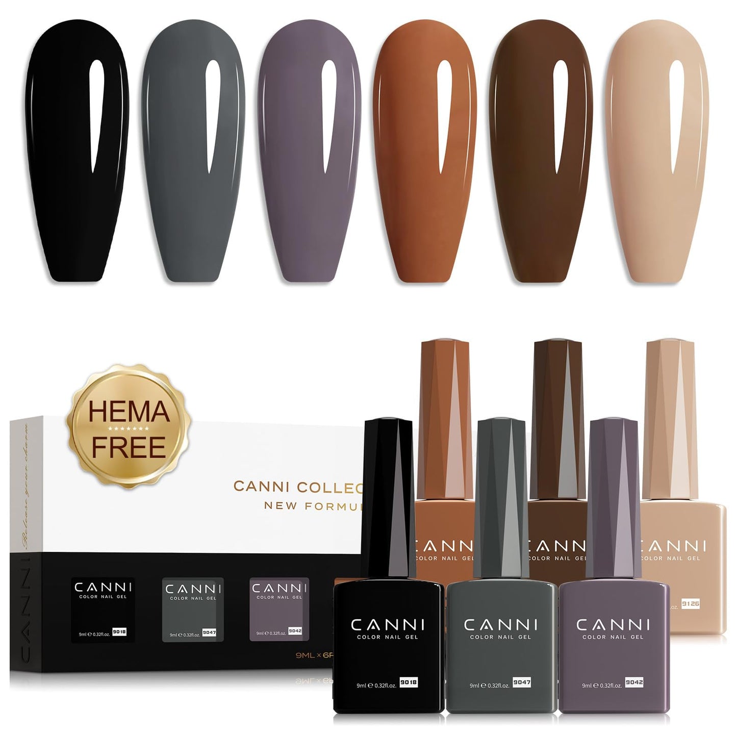CANNI Brown Grey Gel Nail Polish, 6 Colors 9ML Brown Skin Black Grey Nude Khaki Gel Nail Polish Set, Soak off UV LED Nail Gel DIY Manicure Winter Nail Salon for Women