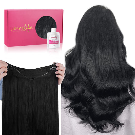 WENNALIFE Wire Hair Extensions (Increase 50% Lifespan) Real Human Hair 22 inch 120g Jet Black Remy Hair Extensions Invisible Transparent Wire Fish Line Hair Extensions Straight Real Hair Extensions