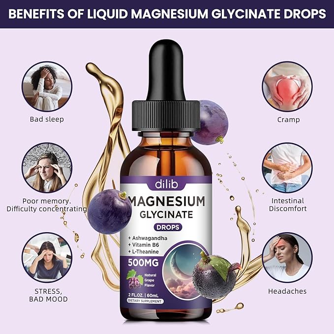 (2 Pack) Magnesium Glycinate Liquid Drops 500mg, with Vitamin B6, Ashwagandha, L - Theanine, Chamomile, Magnesium Glycinate Supplement High Absorption for Sleep, Stress, Energy Mood - Grape Flavor