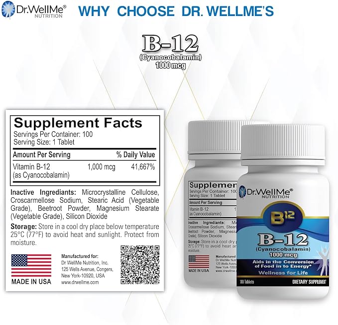 Dr.WellMe B-12 (Cyanocobalamin) 1000 mcg, 100 Tablets