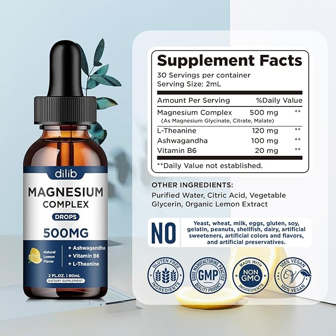 (2 Pack) Magnesium Glycinate, Citrate, Malate Liquid Drops-Triple Magnesium Complex Supplement 500mg with Ashwagandha, L-Theanine, Vitamin B6-Support Calm, Stress Relief, Sleep, Muscle-Lemon Flavor
