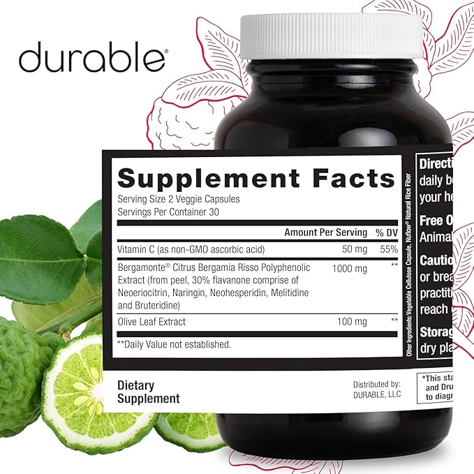 Durable Heart - Extra-Strength 1,000 mg Bergamonte Citrus Bergamot +Olive Leaf Extract +Non-GMO Vitamin C – Natural Heart Health Supplement for Healthy Cholesterol Support – Made in the USA (6 Bottle)