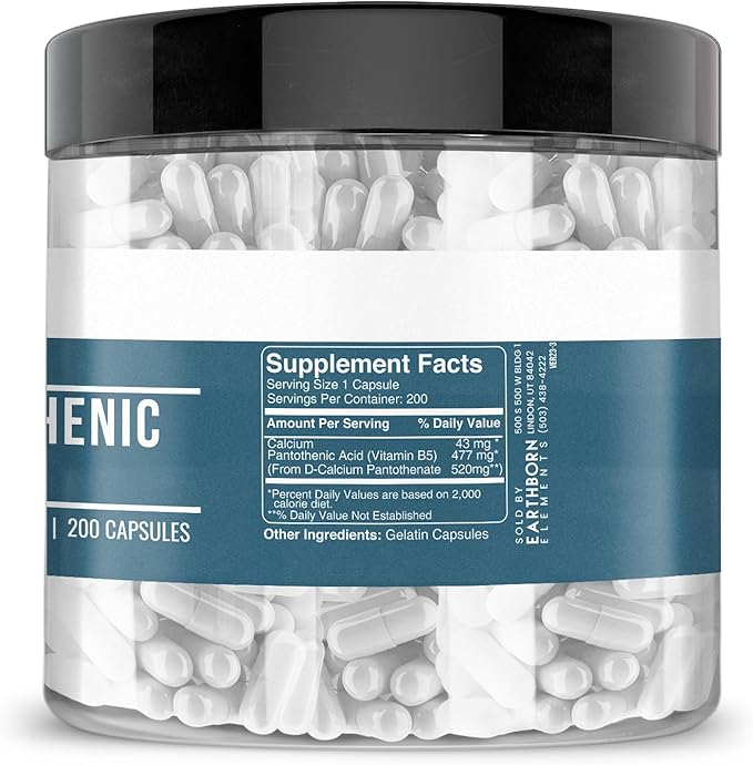 Earthborn Elements Pantothenic Acid 200 Capsules, Pure & Undiluted, No Additives