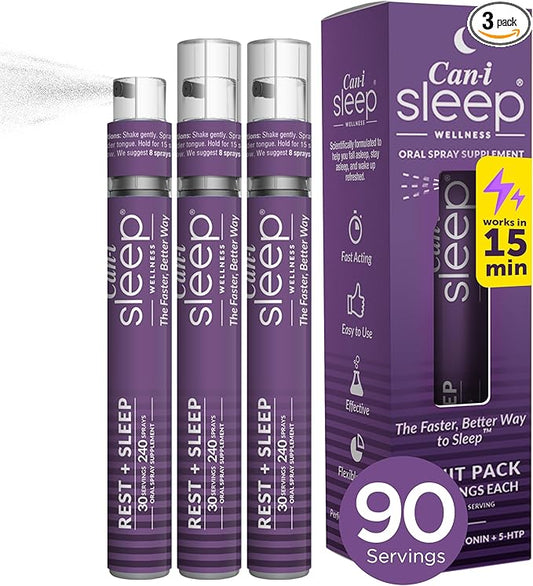 Can I Sleep Fast-Acting Vitamin Spray, Natural Sleep Support Advanced Formulation, Melatonin, 5-HTP, and GABA. Sublingual Dream Water Sleep Spray (3 Pack - 90 Servings) by Can-i Wellness
