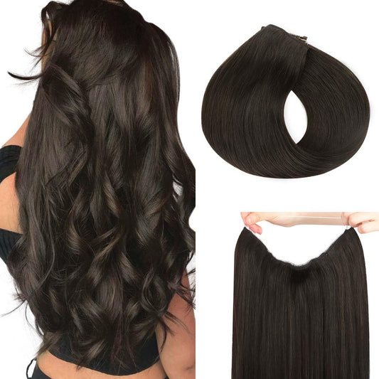 HOTBANANA Wire Hair Extensions, 12 inch 70g Dark Brown Fish Line Hair Extensions Real Human Hair Straight Invisible Wire Hair Extensions Remy Hair Extensions