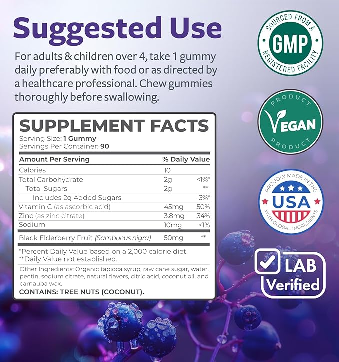 Elderberry Gummies for Kids with Vitamin C & Zinc (3 Months Supply) 90 Delicious Raspberry Flavor Gummy - Immune Support Supplement for Children - Vegetarian Sambucus Elderberry Gummies (No Pills)