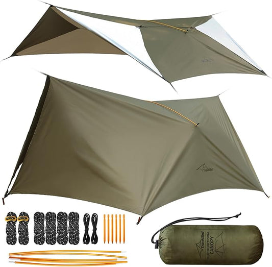 Camping Tent Tarp Waterproof, Ultralight Hammock Rain Fly, Portable Rain Tarp Canopy with Doors, Multifunctional Bushcraft Tarp for Outdoor Backpacking Hiking, UV Protection