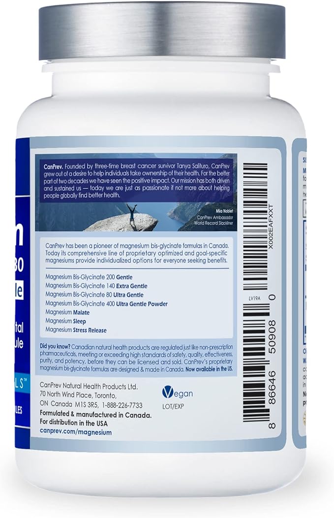 CanPrev Magnesium Biglycinate Chelated 80mg Ultra Gentle 120 V-Caps 120-Day Supply - Support Muscle Function, Bone Strength & Relaxation, Pure Magnesium Bisglycinate Formula, Promote Comfort & Balance