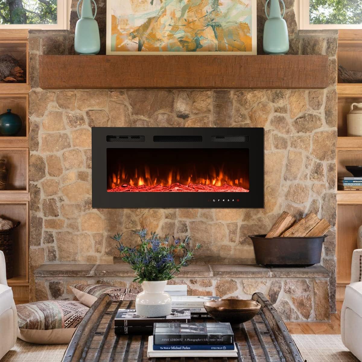 EROMMY 40 in Electric Fireplace Insert, Recessed and Wall Mounted Fireplace with Timer, Remote Control, Touch Screen, Overheating Protection, Log&Crystal, 12 Adjustable Flame,750/1500W