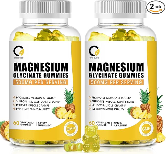 (2 Pack) Magnesium Glycinate Gummies, High-Absorption Magnesium Supplement with Calcium & Vitamins, Support Bone, Muscle, Night, Memory & Mood, Vegan, Non-GMO, 60 Counts, Pineapple Flavor