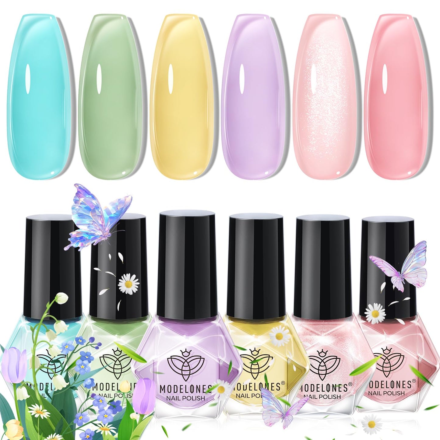 Modelones Nail Polish Set, 6 Colors Spring Jelly Pastel Nail Polish Kit Sheer Nude Pink Yellow Lavender Purple Baby Blue Mint Green Glitter Fingernail Polish 2025 Gifts for Women Salon DIY