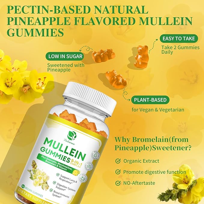 (2 Pack) 9 in 1 Mullein Gummies for Lung Cleanse, Mullein Leaf Extract w/Quercetin, Bromelain, Elderberry & Marshmallow for Respiratory, Immune, Vegan,120 Count