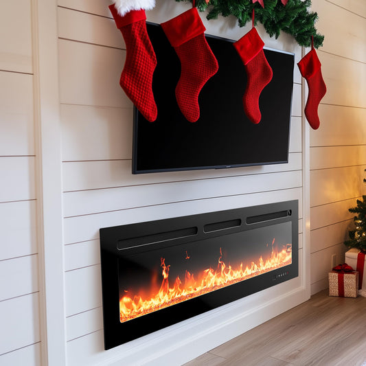 Totnz 50″ Electric Fireplace Heater with App & Remote Control, 5300 BTU Heat Output, Ultra-Slim Wall-Mounted or Recessed Electric Fireplace Inserts with Timer, 20 Flame Colors,SLELF02B-50