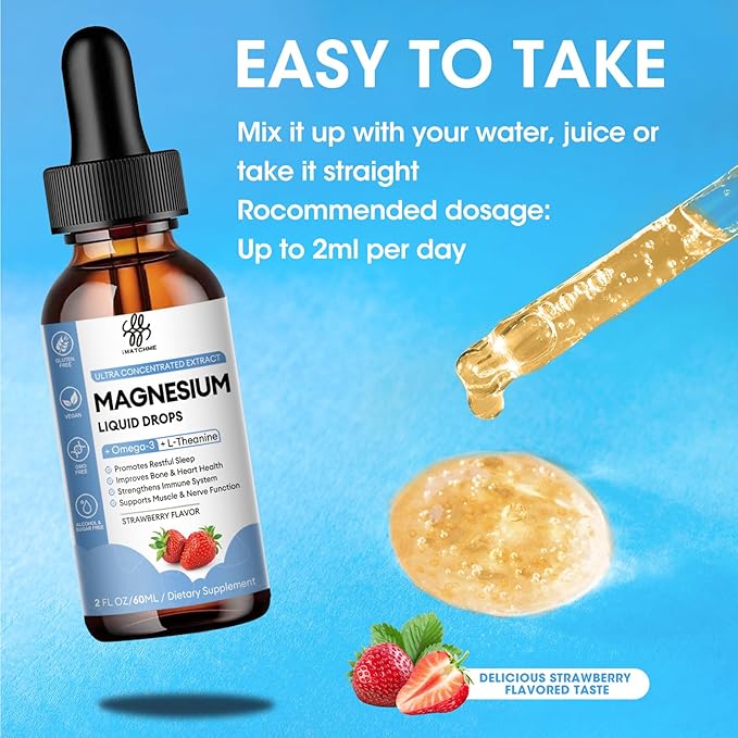 (2 Pack) Magnesium Glycinate Liquid Drop with Citrate, Oxide and Taurate, Calm Magnesium with Omega3, L-Theanine, D3, B6, B12 for Calm, Sleep, Leg Cramps, Muscles, Energy, Sugar-Free Strawberry Flavor