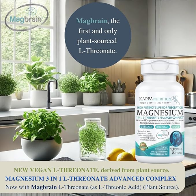 (150 Capsules), 2,253mg Per Serving, Providing 420mg Elemental Magnesium, L-Threonate, Bisglycinate Chelate, Malate, from Kappa Nutrition.