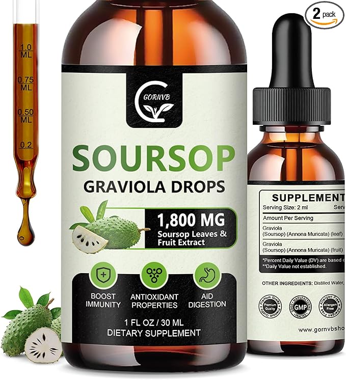 (2 Pack) Soursop Graviola Liquid Drops 1800mg, 98% Absorption Soursop Bitters Liquid for Cell Support & Regeneration, Immune Boost, Relax, Liver and Sleep, Herbal Goodness, Gluten Free, 1 Fl Oz