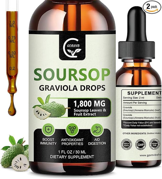 (2 Pack) Soursop Graviola Liquid Drops 1800mg, 98% Absorption Soursop Bitters Liquid for Cell Support & Regeneration, Immune Boost, Relax, Liver and Sleep, Herbal Goodness, Gluten Free, 1 Fl Oz