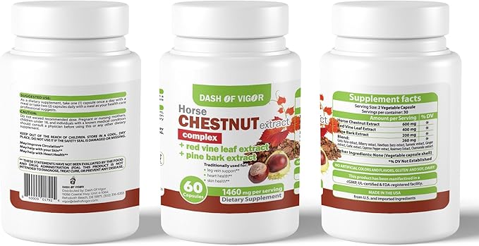 Dash of Vigor 12-in-1 Horse Chestnut Extract Complex, Red Vine Leaf Extract Supplement, Pine Bark, Turmeric, Hawthorn Berry, Ginger, Cayenne Pepper, Chamomile, Leg Vein Support, 1460 mg, 60 Capsules