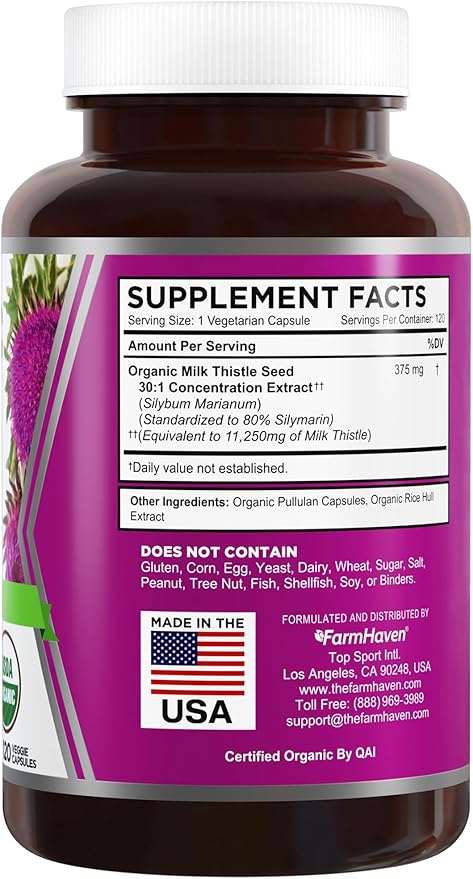 FarmHaven USDA Organic Milk Thistle Capsules | 30X Concentrated Seed Extract & 80% Silymarin Standardized - Supports Liver Function and Overall Health | Non-GMO | 240 Veggie Capsules