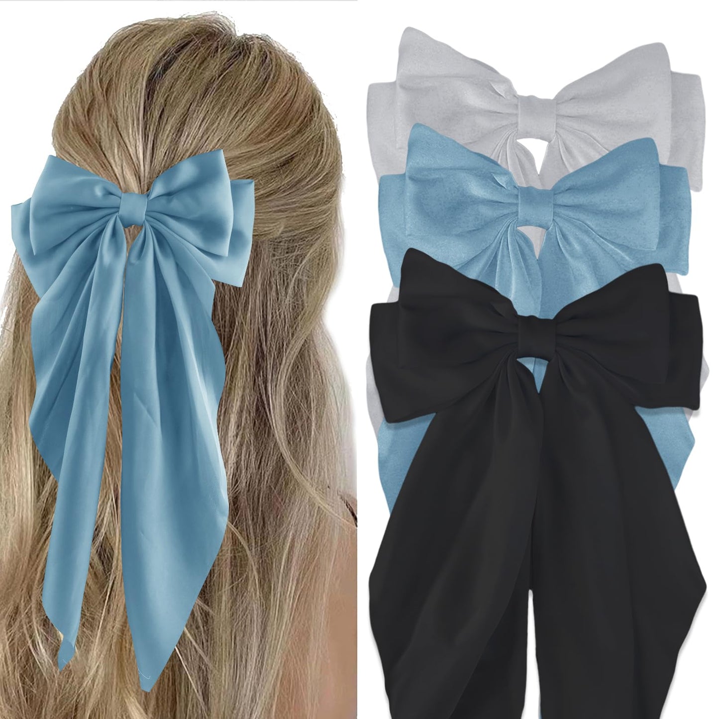 Canitor Hair Bows for Women Silky Satin Hair Ribbon with Hair Barrettes Clip Large Coquette Bows Cute Preppy Teen Girl Gifts Trendy Stuff Hair Accessories