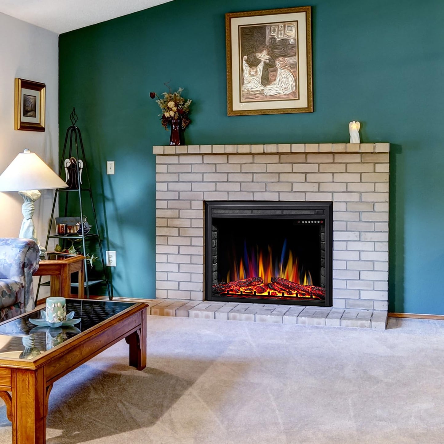 Electric 39" Electric Fireplace Insert, Adjustable 5 Flame Colors, 12 Log Colors, 5 Flame Speeds and Brightness, Remote Control, Timer, Adjustable Temperature from 50°F to 99°F, 750W/1500W (39"X27")