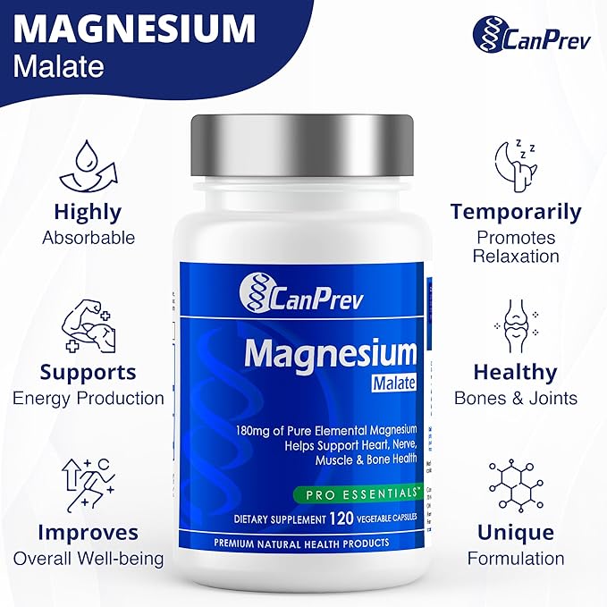 CanPrev Magnesium Malate, 120 Veg Caps, 120-Day Supply, 180mg Elemental Magnesium & 540mg Malic Acid, Vegan & Non-GMO, Supports Relaxation, Energy, Muscle Function, Bone Strength & Overall Well-Being