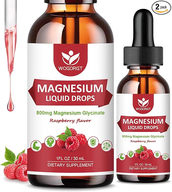 (2 Pack) Magnesium Glycinate Liquid Drops with Citrate & Taurate - High Absorption 1000mg Liquid Magnesium Complex with D3, GABA, L-theanine for Cognition, Muscle & Focus, Raspberry Flavor - 30mL