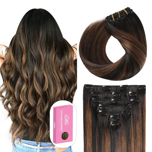 Suyya Clip In Hair Extensions Real Human Hair 20 Inch 120G 7Pcs Hair Extensions Real Human Hair Clip Ins Silky Straight Double W