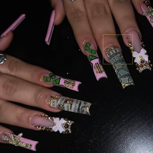 RUOKEXIN Square Press on Nails Long Fake Nails French Tip False Nails with 3D Bow Designs Long Nail Press ons Sparkly Artificial Nails Rhinestones Glue on Nails Cute Stick on Nails for Women 24Pcs