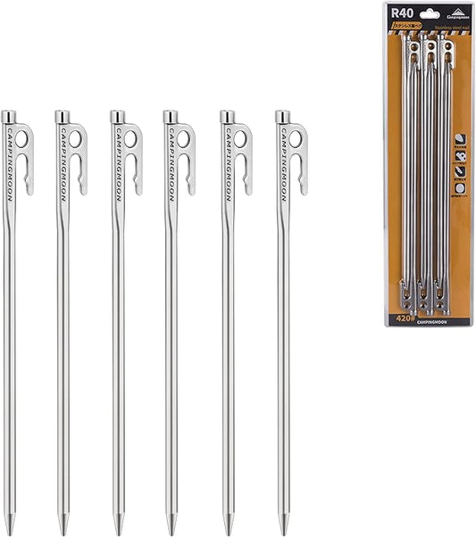 CAMPINGMOON 15.7-inch 6pcs Martensitic Stainless Steel 420J2 Hardened Forged Tent Stake Power Peg Ideal for Hard Ground R-40-6P