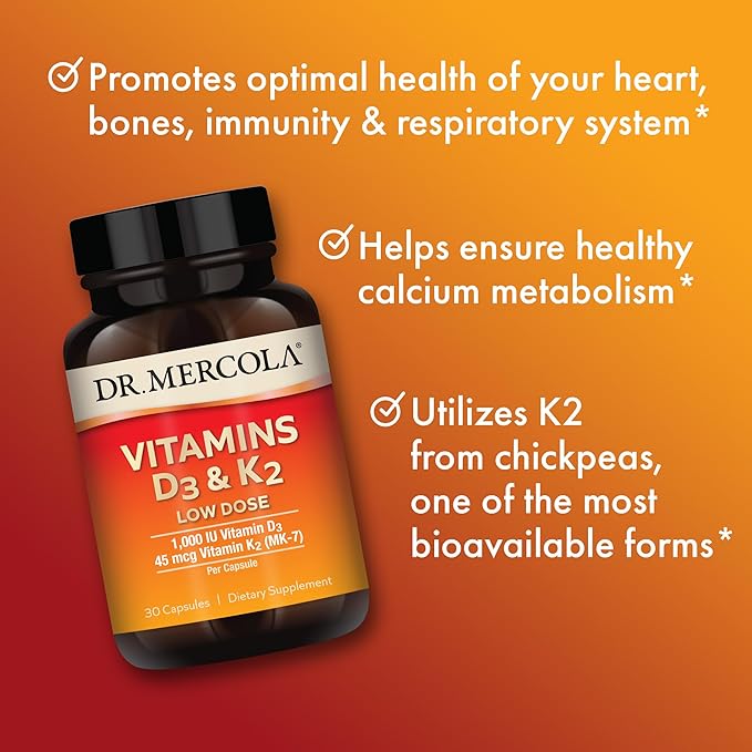 Dr. Mercola Vitamins D3 & K2 Low Dose, 30 Servings (30 Capsules), 1,000 IU Vitamin D3 & 45 mcg Vitamin K2 (MK-7) Per Capsule, Dietary Supplement, Supports Healthy Immune Function, Non-GMO