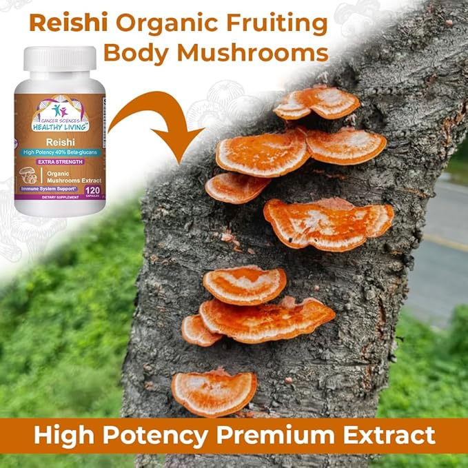 CANCER SCIENCES Reishi Wellness Mushroom Supplement Capsules, USDA Certified Organic Mushrooms Extract, Extra Strength 1,500 mg, High Potency 40% Beta-Glucans, Immune Support, Anti-aging, 120 Capsules