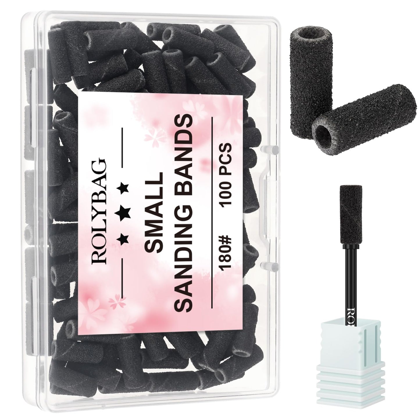 Rolybag 100pcs Small Sanding Bands Nail Drill Bits 180 Fine Grit Nail File Sanding Bands with 3.1mm Mandrel Bit for Acrylic Nails Gel Removing Shaping Professional Manicures and Pedicure,Black