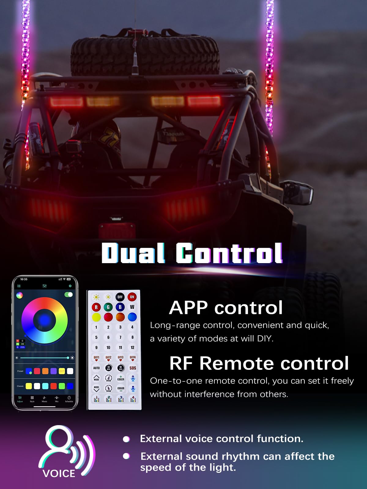 UNI-SHINE 2PCS 4FT LED Whip Lights with Spring Base Spiral RGB Chasing Lights with APP & Remote Control, Music Antenna Whip Light for Can-Am UTV ATV RZR Can-Am SXS Polaris Offroad