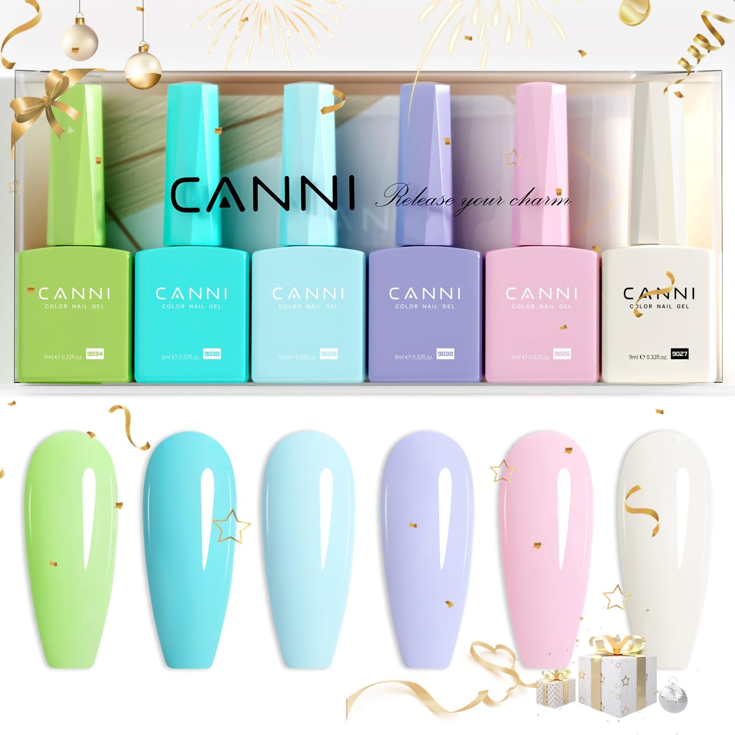 Canni 6Pcs 9Ml Hema-Free Gel Nail Polish Set- Green Blue Purple Pink Off-White Colors Gel Polish Kit, Soak Off Led Nail Gel Mani