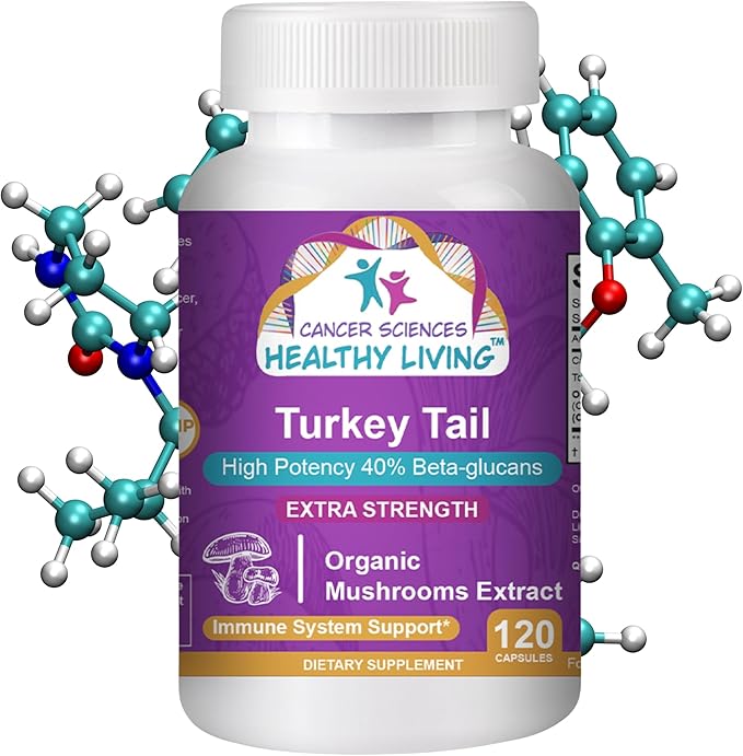 CANCER SCIENCES Turkey Tail Wellness Mushrooms Supplement, USDA Certified Organic Extract, Extra Strength 1,500 mg, High Potency 40% Beta-Glucans, Gut & Immune Support, Natural Digestive, 120 Capsules