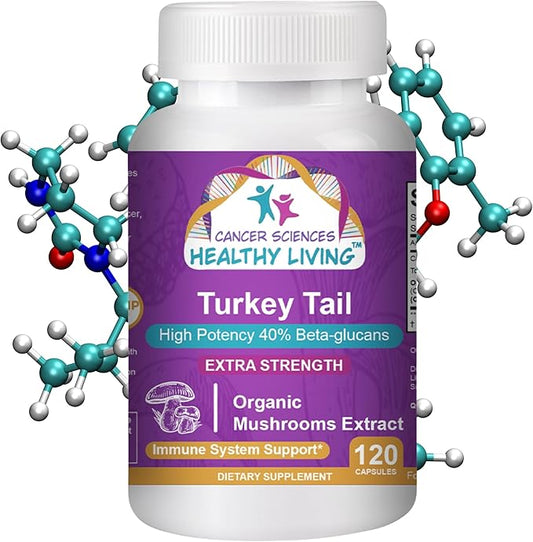 CANCER SCIENCES Turkey Tail Wellness Mushrooms Supplement, USDA Certified Organic Extract, Extra Strength 1,500 mg, High Potency 40% Beta-Glucans, Gut & Immune Support, Natural Digestive, 120 Capsules