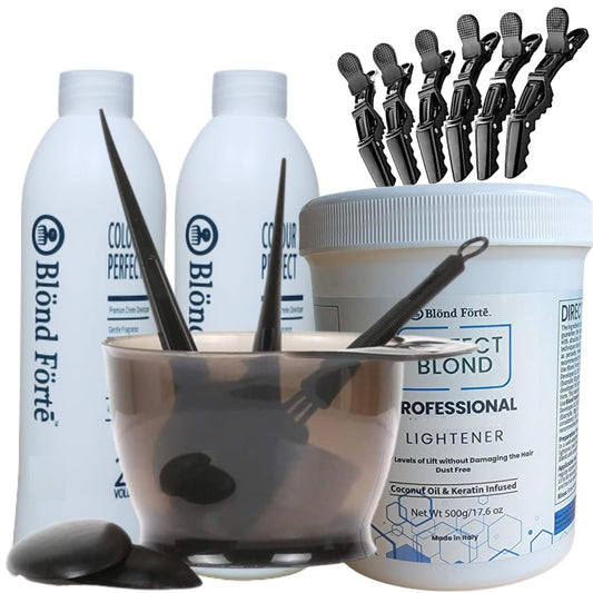 Perfect Blonde Hair Bleach Toner Lightener Powder Lightening Kit 20 Volume 800 ml Developer & Brush & Gloves - Made in Italy by Blond Forte