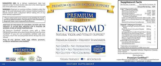 EnergyMD - Vitamin B Blend, Adaptogenic Complex, Piperine - All Natural, Fast Absorption Energy Booster - 60 Capsules - Non-GMO, Vegan, Made in USA